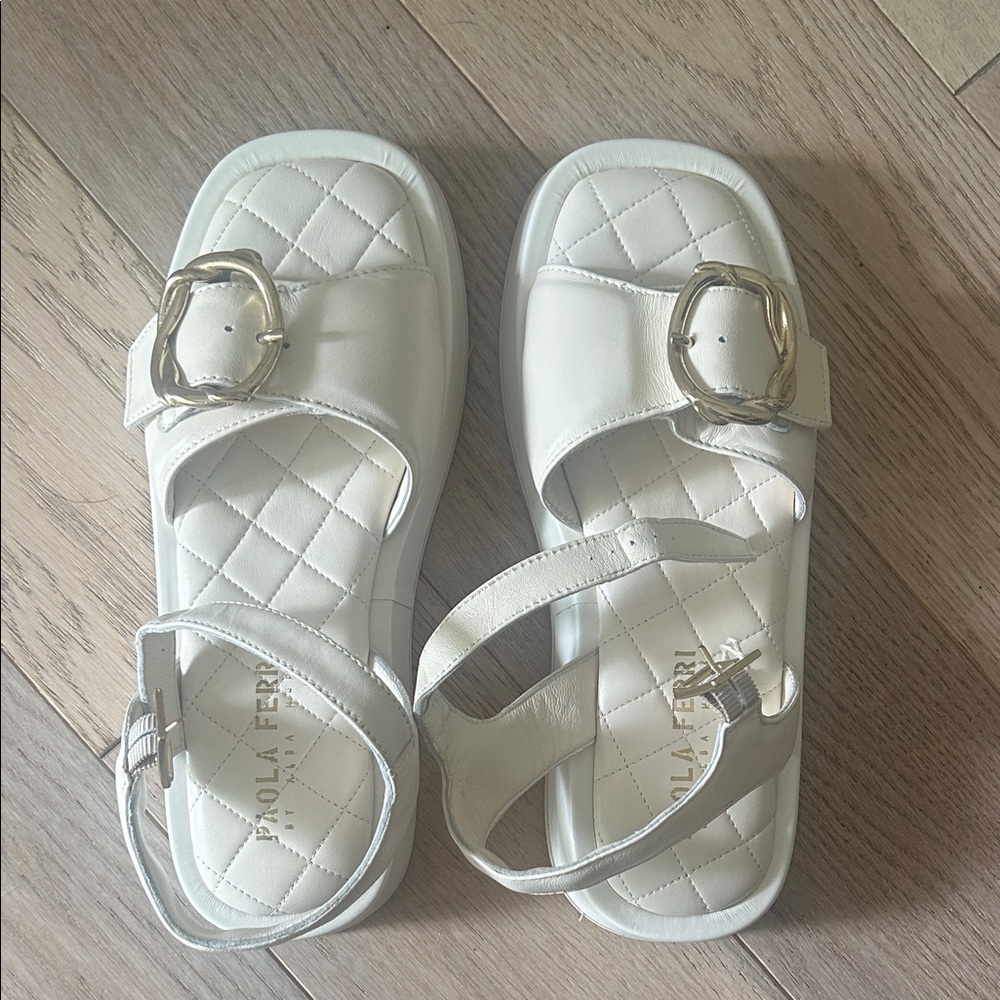 White Sandals with Gold Buckle